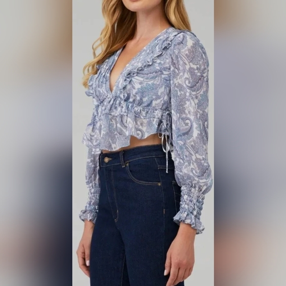 For Love & Lemons Blouse Crop Top Janelle Boho Ruffle V-Neck CT-1770 Blu/Wht/Prp - Picture 4 of 12